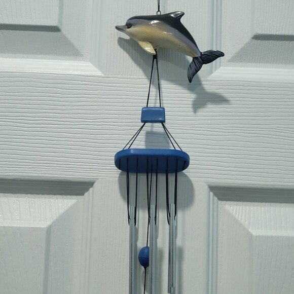 Blue Gray Dolphin Acrylic Metal Hanging Wind Chimes - Picture 1 of 12